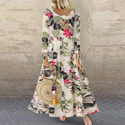 

Plus Size 2019 Vintage Floral Print Boho Dress Femininos Casual Long Sleeve O-Neck Retro Robe Female Party Club Jurken Mujer