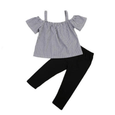 

CUTE Newborn Toddler Kids Baby Girls Striped Off Shoulder Tops Long Pants Outfits Set