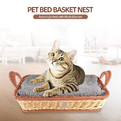 

Pet Bed Basket Nest Rectangle PP Knitted Bed with Plush Blanket for Cats Dogs Pets