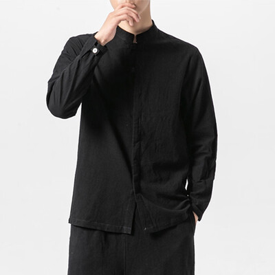 

Toponeto Mens plain cotton&linen shirt with long sleeves&a stand-up collar Blous
