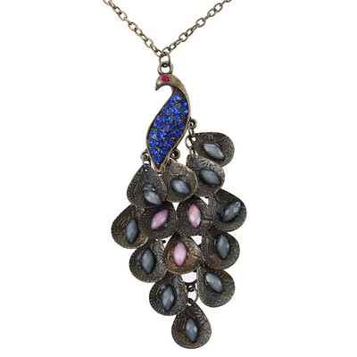 

Blue Peacock Long Chain Necklace Colorful Feather Design Retro Sweater Chain Necklaces & Pendants