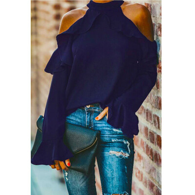 

Women High Neck Cold Shoulder Long Sleeves Ladies Pullover Jumper Tops Blouse