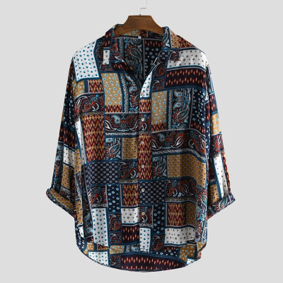 

Toponeto Mens Vintage Ethnic Style Printing Loose Long Sleeve Stand Collar Casual Shirt
