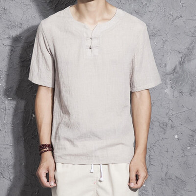 

Toponeto Mens Linen Short Sleeve Solid Color Crew Neck Loose Casual T Shirt Blouse