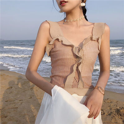 

Women V-Collar Wooden Ear Wrapped Pleated Chest Slim Knitting Vest Bottoming Stretch Sling Bottoming Camisole