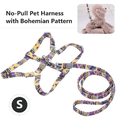 

Pet Harness No-Pull Adjustable Chest Straps Bohemian Pattern Vest with Leash Reflective Canvas Leash Vest for Dogs Cats