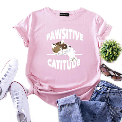 

New Fashion Women Funny Lazy Cat Print T Shirt O Neck Short Sleeve Cartoon Cats Printed Tops Casual Tees