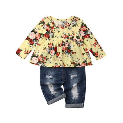 

Toddler Kids Baby Girls Flower Tops Denim Pants Winter Outfits Clothes