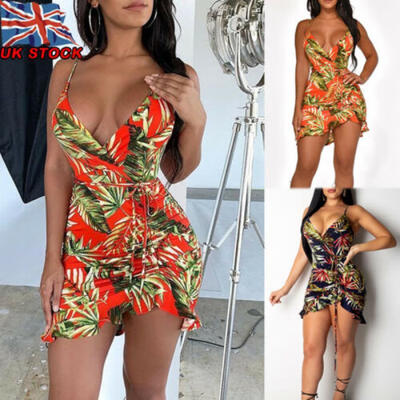 

UK Sexy Womens Floral Print V Neck Ladies Frill Beach Holiday Summer Mini Dress