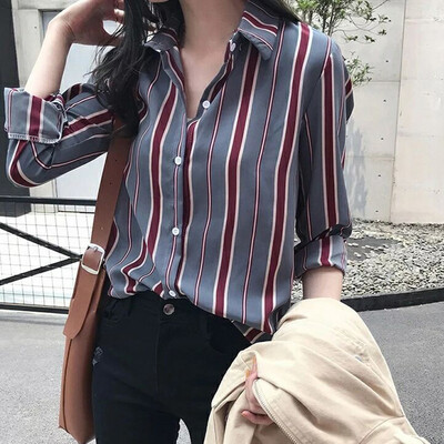 

Womens Casual Long Sleeves Loose Blouse Lapel Collar Stripe Print Button Tops