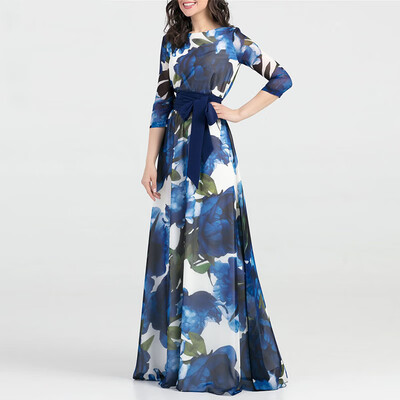 

2018 Autumn Women Long Dress Fashion Casual Chiffon Flower Print Maxi Dress Fema