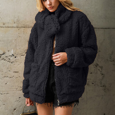 

Fashion Trend Faux Fur Solid Color Womens Coat Loose Casual Detachable Collar Pocket Decoration Coat