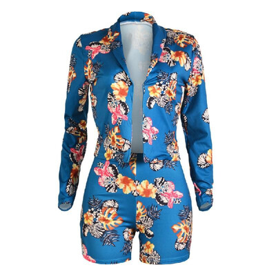 

Fashion Women Floral Printed Blazer Set Long Sleeve Two Piece Track Suits Tops Short Pants Blue