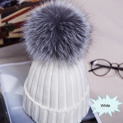 

Newest Large Ball Womens Hat Winter Warm Fox 15cm Fur Pom Knit Berets Ski Casual Pop Cap Bobble