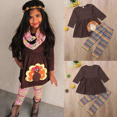 

Toddler Newborn Kid Baby Little Girl Thanksgiving Turkey Dress Tops Pants Leggings Outfit Set