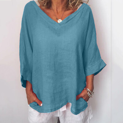 

Nomeni Womens Casual O-Neck 34 Sleeve Solid Linen T-Shirt Loose Pullover Top Blouse