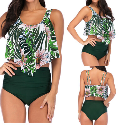 

Saidsome Womens Plus Size Lotus Leaf Print Swimsuit High Waist Split Bikini