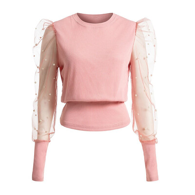 

Womens Mesh Sheer Puff Sleeve T Shirt Long Sleeve Sexy Blouse Slim Club Tops