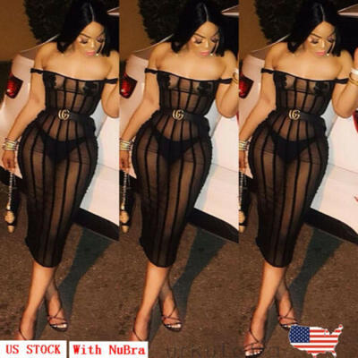 

US Stock Sexy Women Evening Party Clubwear Off Shoulder Sheer Mesh Bodycon Dress