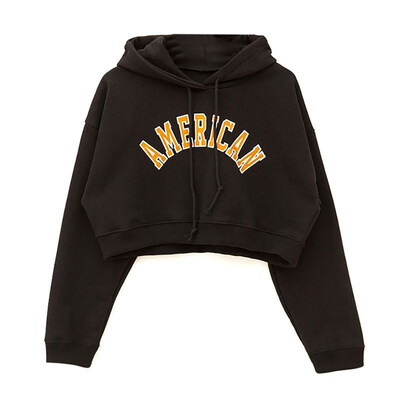 

Female T-shirt Long-sleeved Hip-hop Shirt Korean Version Of The Loose Plus Size Leaking Navel Short Hooded Sweater Orange Red