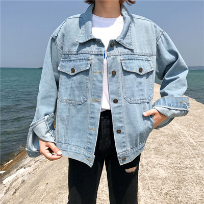 

Toponeto Women Loose Long Sleeve Jeans Coat Retro Cowboy Denim Loose Casual Pocket Jacket