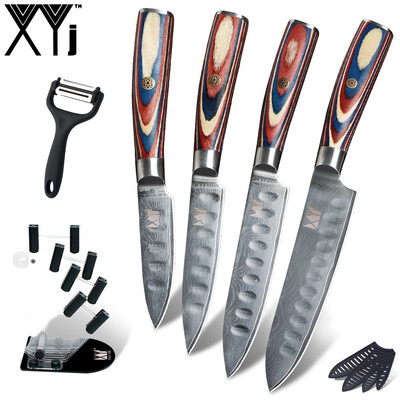 

XYj Damascus Steel Knives Set VG10 Sharp Blade Chef Slicing Utility Paring Knives Stand Peeler
