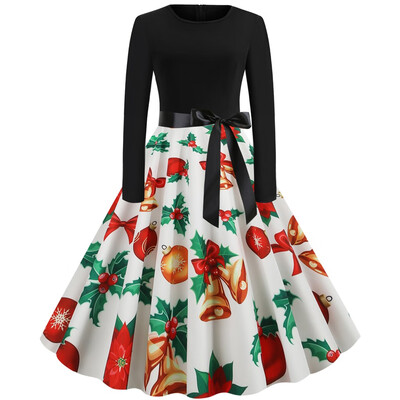 

Tailored Women Fashion Christmas Print Dress Round Neck Zipper Hepburn Party Dress