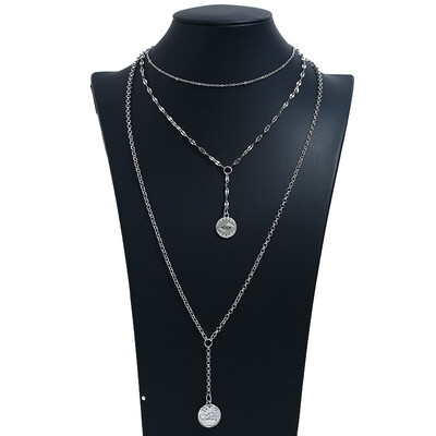 

Vintage Engraving Necklace Multi-layer Gold Silver Sequins Long Necklace Big Pendant Moon Necklace Bohemian Style Jewelry