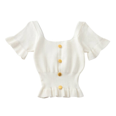 

T Shirt Women Summer Solid Color Casual Tops Female Square Collar T-Shirt Knit Button Puff Sleeved Sexy Slim Tops