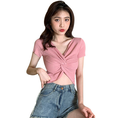 

Women V Neck Solid Slim Knitted Crop Top Pullover Crisscross Shirt