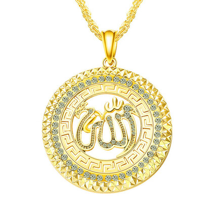 

New Punk 18kGP Gold Chain Geometric Round Allah Necklaces Pendant For Women Mens Long Necklace Arab Muslim Islam Jewelry