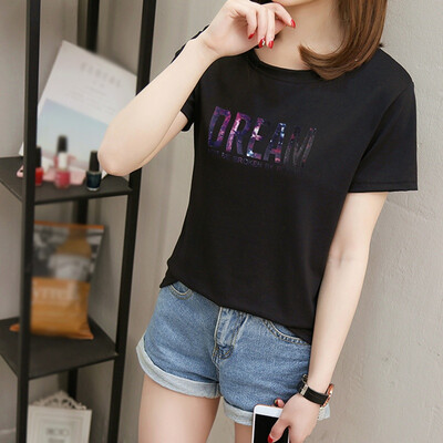 

Womens Casual Round Neck Letter Print Short Sleeve Loose Pullover Simple T-Shirt