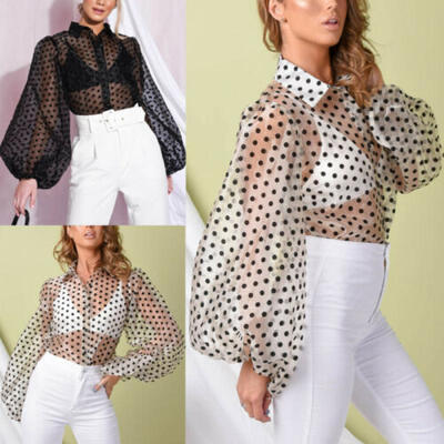 

Women Sexy Polka Dot Mesh Sheer See-through Long Sleeve Tops Blouse Tee T Shirts