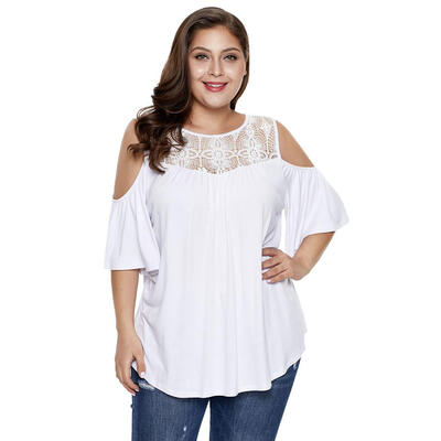 

Loose Solid Color Cold Shoulder Lace Tops Women Plain Short Sleeve T-shirt
