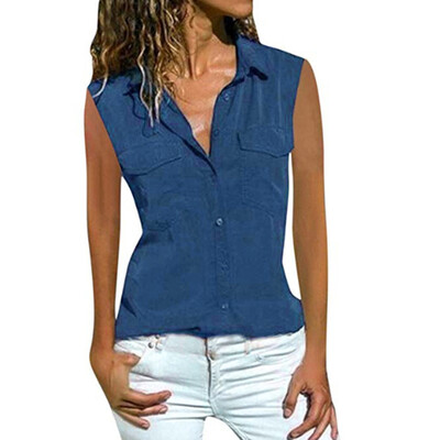 

Women Shirts Summer Casual Tops Turn-down Collar Sleeveless Beach T-Shirt Blouse