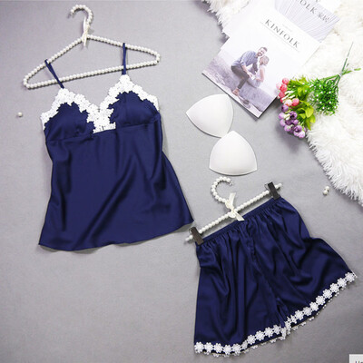 

Summer Women Sexy Lace Pajamas Silk Pijamas Sleepwear Deep V Sling Lingerie Set