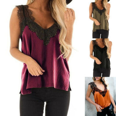

Women Lace Vest Sleeveless Loose Camisole Casual V-Neck Tank Tops Blouse T-Shirt
