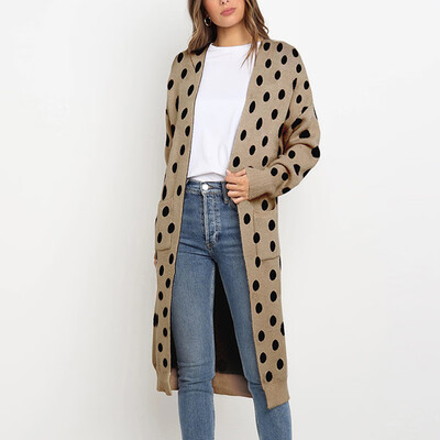 

Women Cardigan Sweater Polka Dot Printed Open Front Long Sleeve Loose Coat -XL