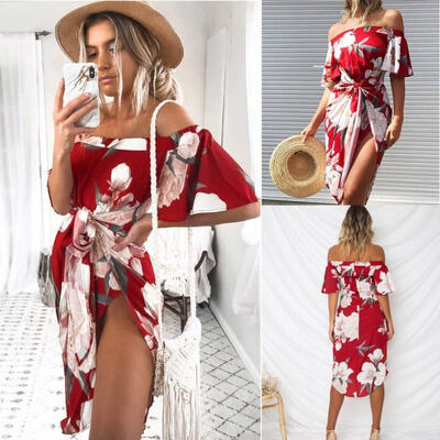 

Women BOHO Floral Beach Dress Evening Party Short Sleeve Off Shoulder Sundress