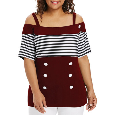 

Roseonmyhand Fashion Women Plus Size Off Shouder Stripe Short Sleeve Button T-Shirt Tops