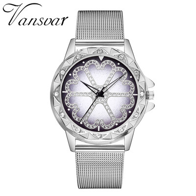 

RM vansvar Casual Quartz Stainless Steel Band Women Lucky Flower Rhinestone Watch