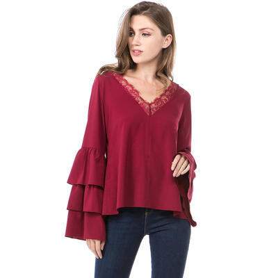 

Women V-Neck Flare Sleeve T-Shirt Solid Color Backless Loose Lace Up Tops