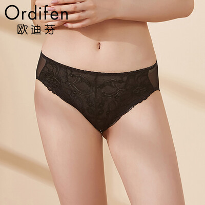

Ou Difen underwear female 19 years new sexy bud silk screen yarn stitching womens underwear in the waist hip no trace briefs XP6259 black