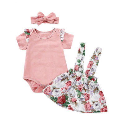 

Summer Toddler Baby Girls Cute Solid Color Tops Romper JumpsuitStrap Floral Party Tutu Skirt Outfits Set Clothes