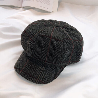 

Beret Female British Style Leisure Chequered Octagonal Hat Korean Edition Simple Retro Student Duck Tongue Hat Man Tide