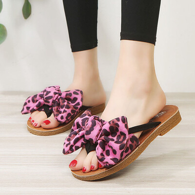 

Rose Summer Bow Leopard Print Beach Flip Flops Sandals Women Slippers Flat Sandals