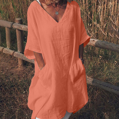 

Nomeni Women Casual Loose Linen Soild V Neck Button Short Sleeve Shirt Blouse Tops