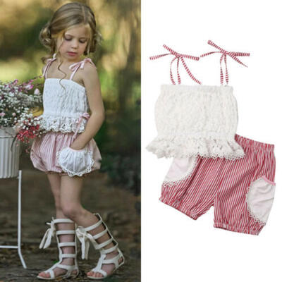 

Toddler Kids Baby Girl Clothes Strap Vest Tops Stripe Shorts 2PCS Outfits Summer