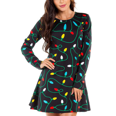 

Tailored Women O-Neck Christmas Printed Long Sleeve Hight Waist Knee-Length Dress