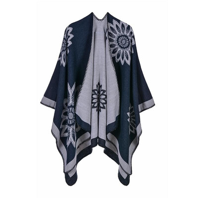 

Women Poncho Cardigan Sweater Contrast Color Block Floral Print Cashmere Capes Shawl Scarf Outerwear